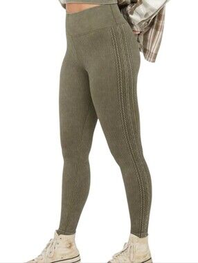 NWT Aerie Offline Seamless Cable Ribbed WASHED BLACK High-Waist Knit Leggings